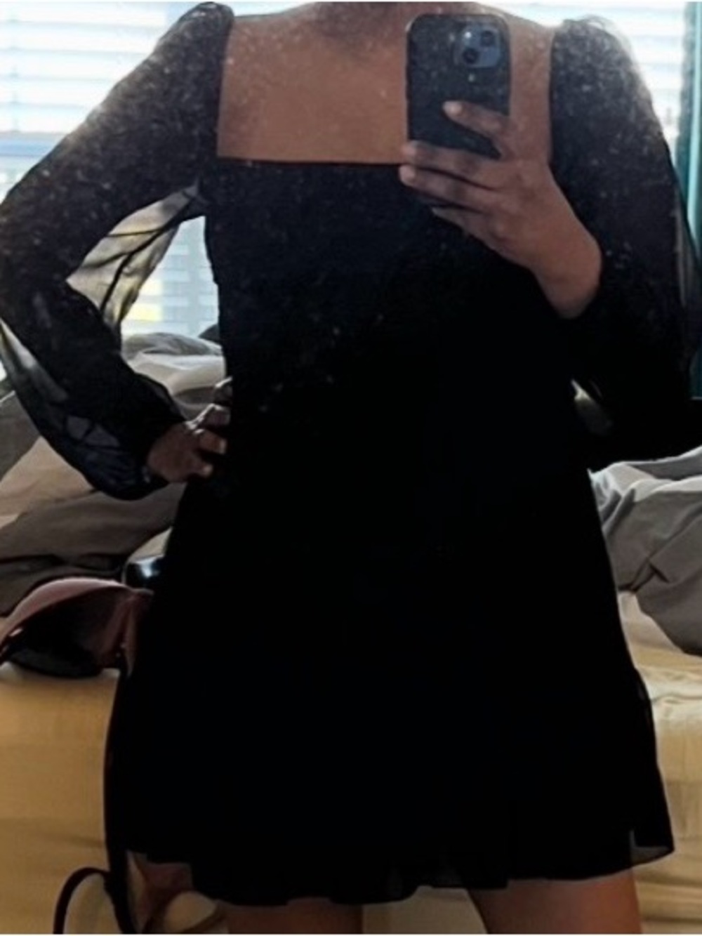 Aritzia Black Square-Neck Mini Dress with Sheer Puff Sleeves